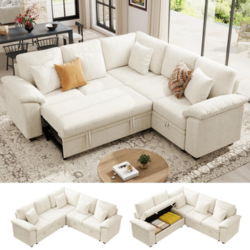 86" Modular Sectional Sofa with Pull Out Bed, 5-Seater L Shaped Sectional Sleeper Couch with Storage, Chenille