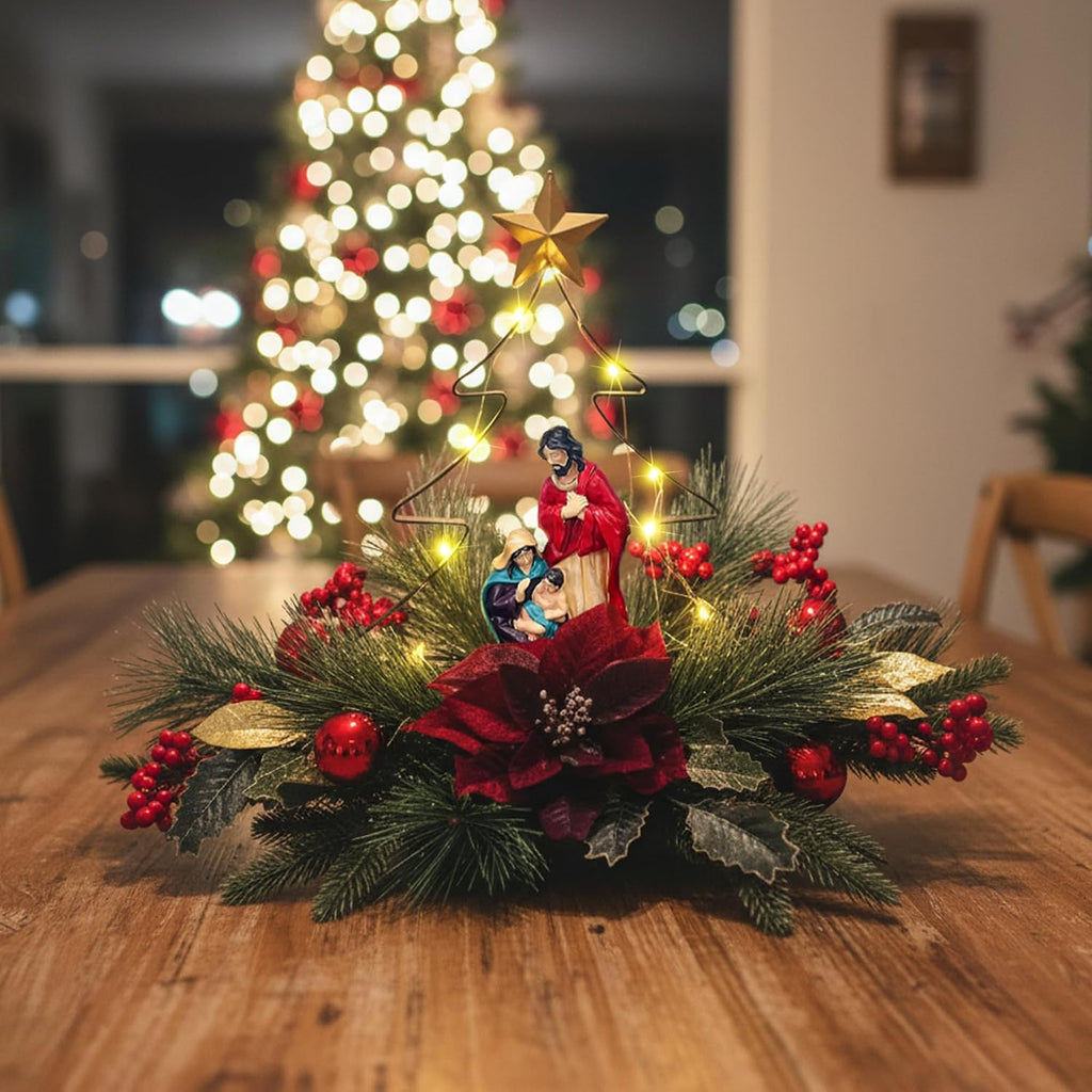Nativity LED Christmas Tree Tabletop Centerpiece, Holy Family Christmas Decoration with Warm Lights, Red Poinsettia &