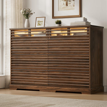 52"W Walnut 8 Drawer Dresser with LED Lights Fluted Dresser