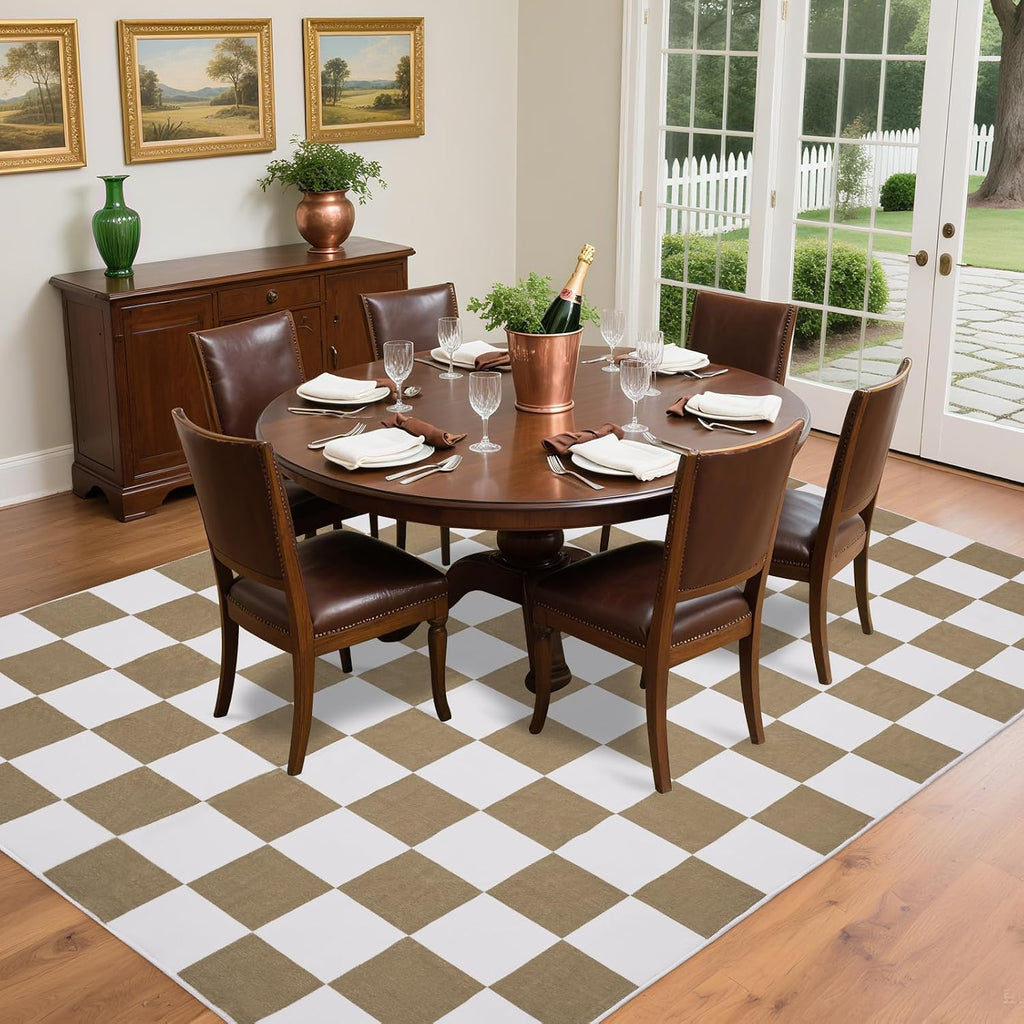 Washable Checkered Rug, 5x7 ft Beige and White Rug, Low Pile Area Rugs with Non-Slip Backing Playroom Classroom
