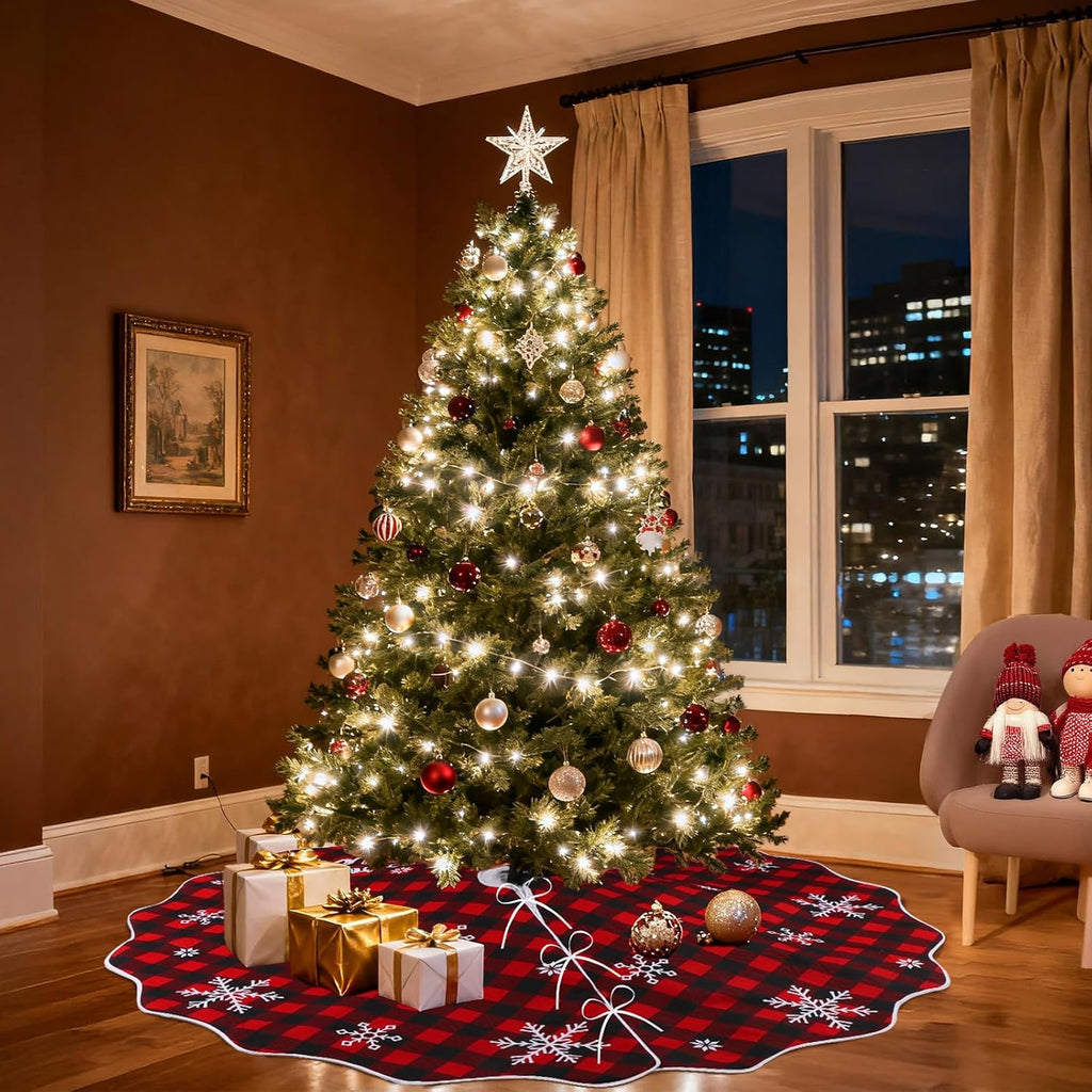 72 Inch Christmas Tree Skirt, Buffalo Plaid Tree Skirt for 7.5 ft Tree to 12ft Tree, Double Sided Burlap Tree Skirt