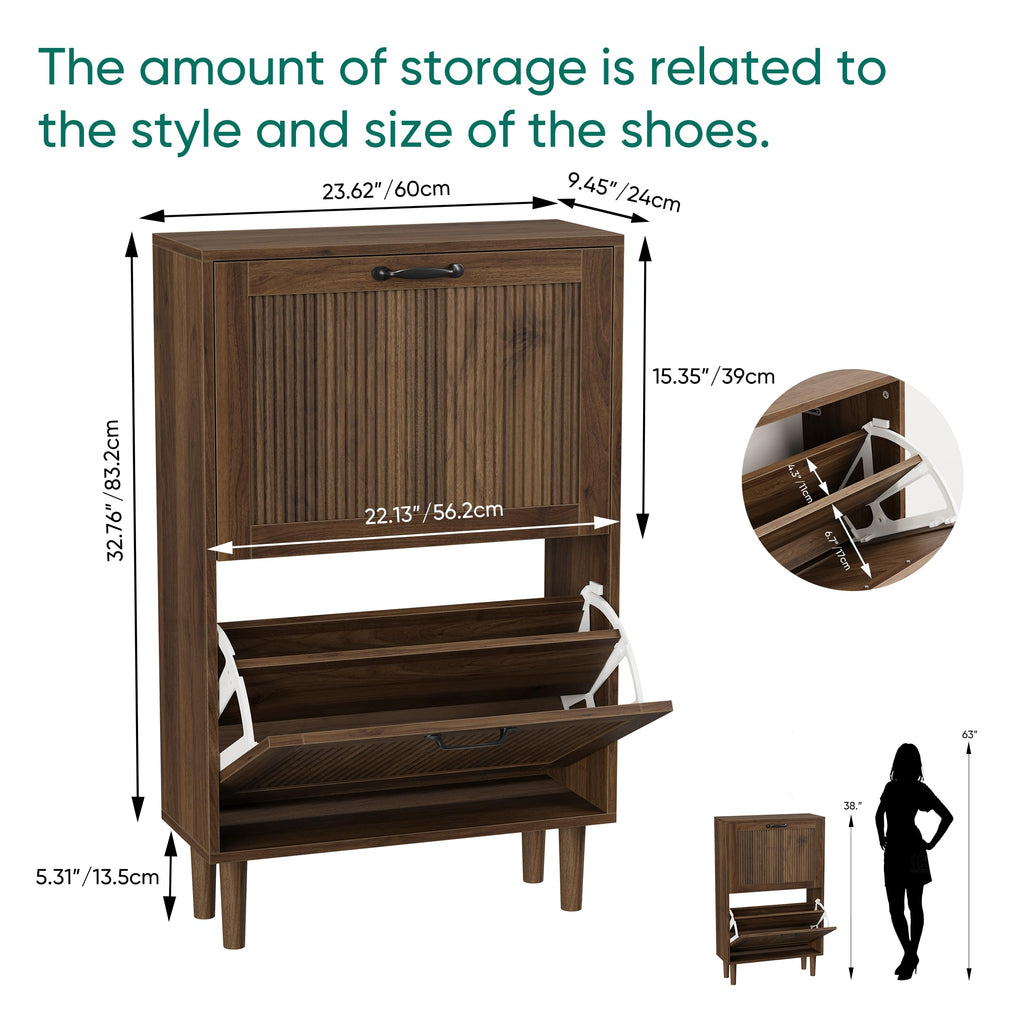 Walnut Shoe Cabinet with 2 Flip Drawers, 23.6" Hidden Shoe Storage Cabinet with Small Fluted Doors, Freestanding Shoe