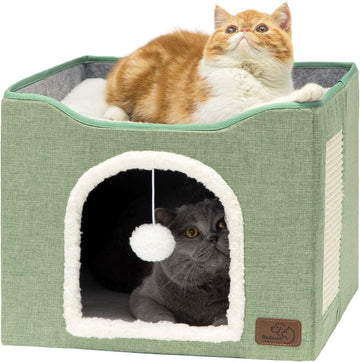 Cat House Bed for Indoor Cats with Fluffy Ball and Scratch Pad