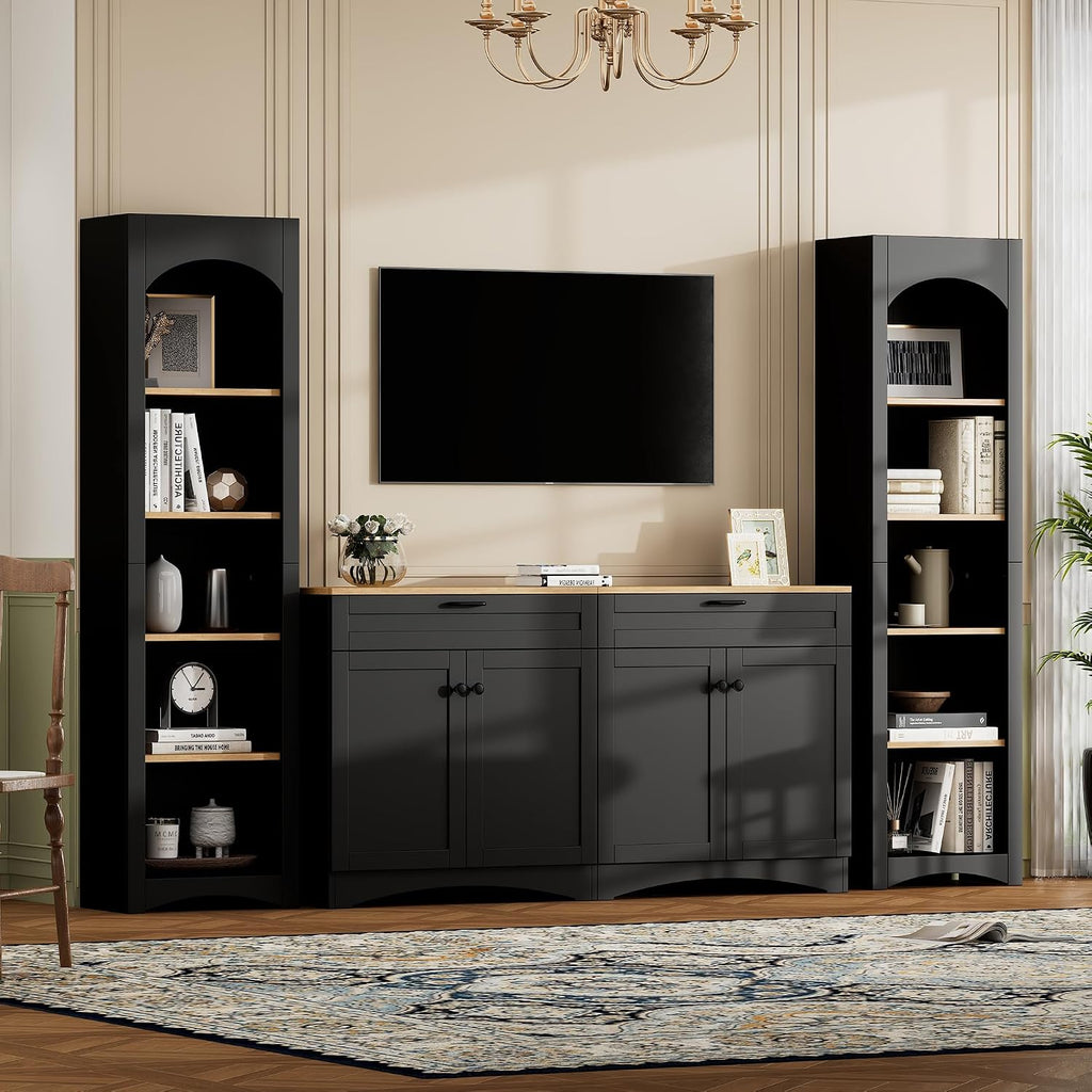 Modern 3 Piece TV Stand with 2 Bookshelves for TVs up to 70'', Mid-Century Solid Wood Entertainment Center with