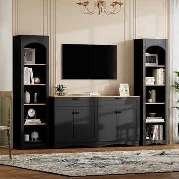 Modern 3 Piece TV Stand with 2 Bookshelves for TVs up to 70'', Mid-Century Solid Wood Entertainment Center with