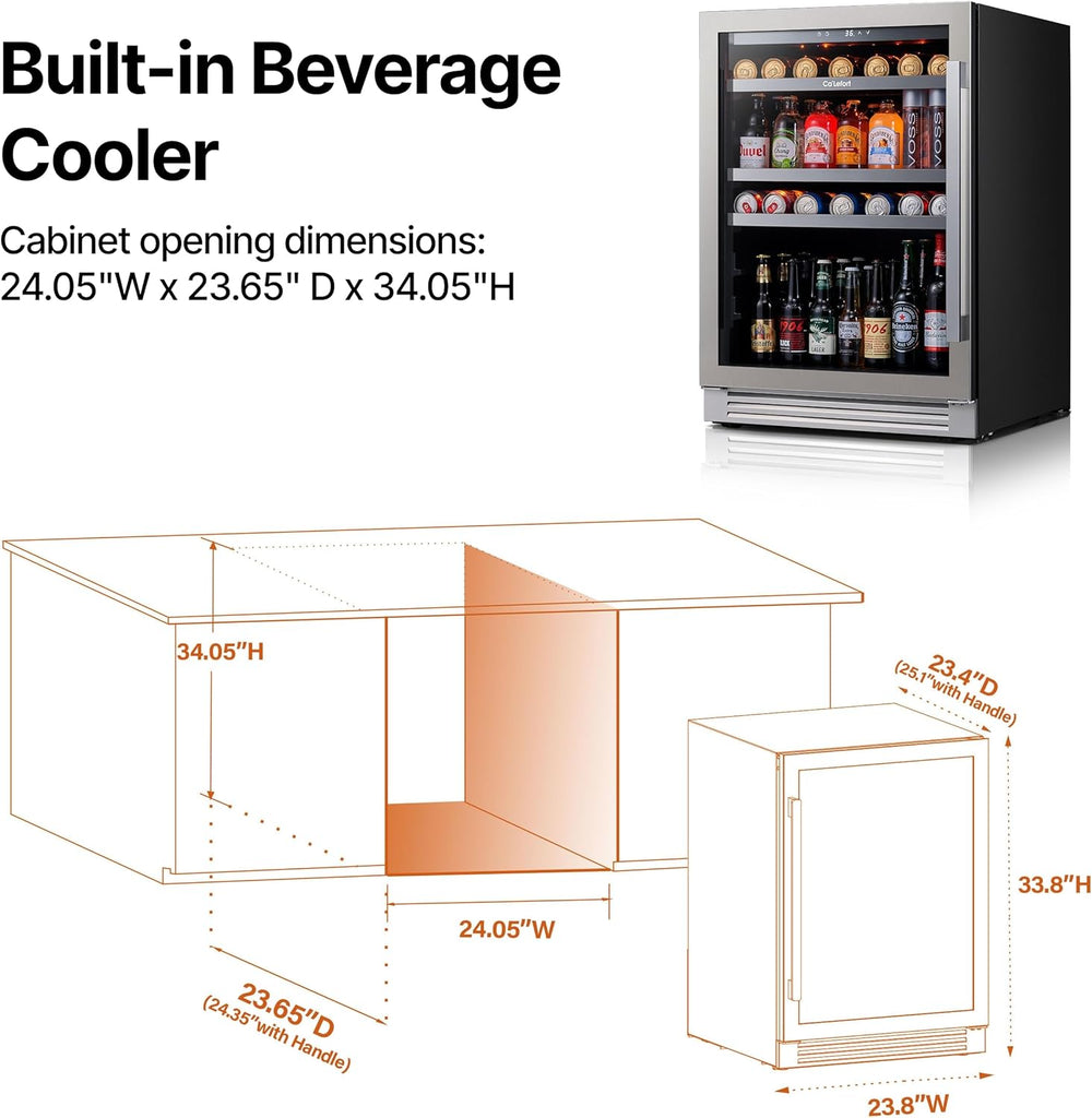 Beverage Refrigerator 24 Inch, 180 Cans Mini Fridge with Double Glass Door, Buil