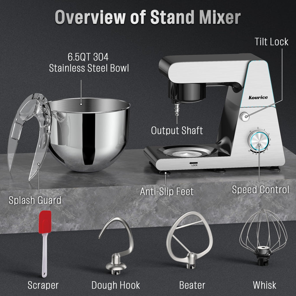 6.5QT Tilt-Head Stand Mixer, Heavy Duty Pro 10-Speed Electric Mixer, Stainless Steel Cladding & Bowl with Dough Hook