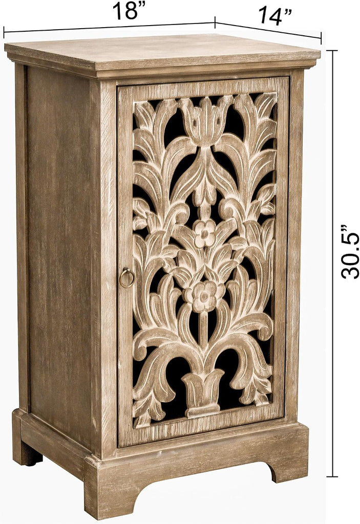 Vintage Hollow Carved Door End Table, Natural | 18x14x30.5", Storage Cabinet with Decorative Panel, Indoor Living