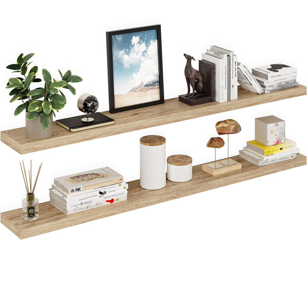Floating Shelves for Wall, 60" Wood Wall Shelf Set of 2, with Invisible Brackets, 8" Deep, Oak Finish