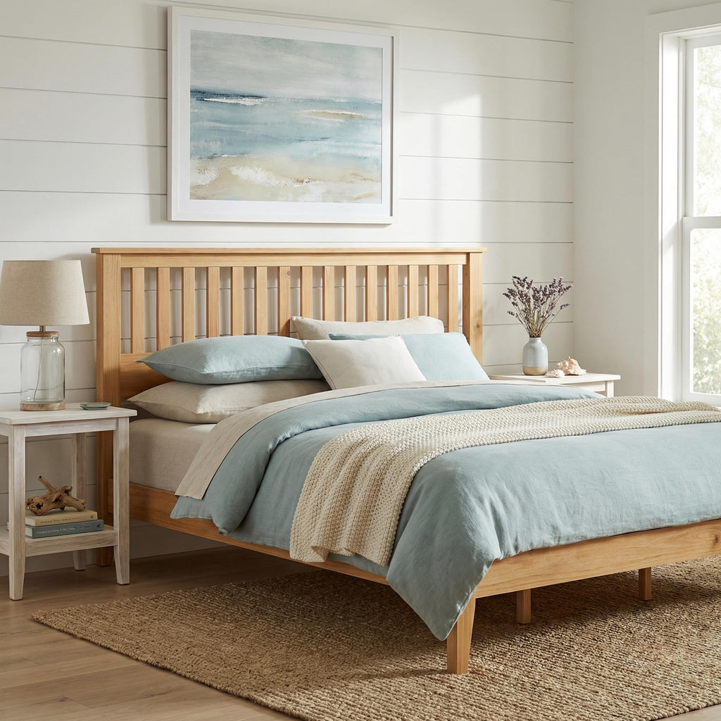 Wood Platform Bed - Pine, King, Bed & Mission-Style Headboard