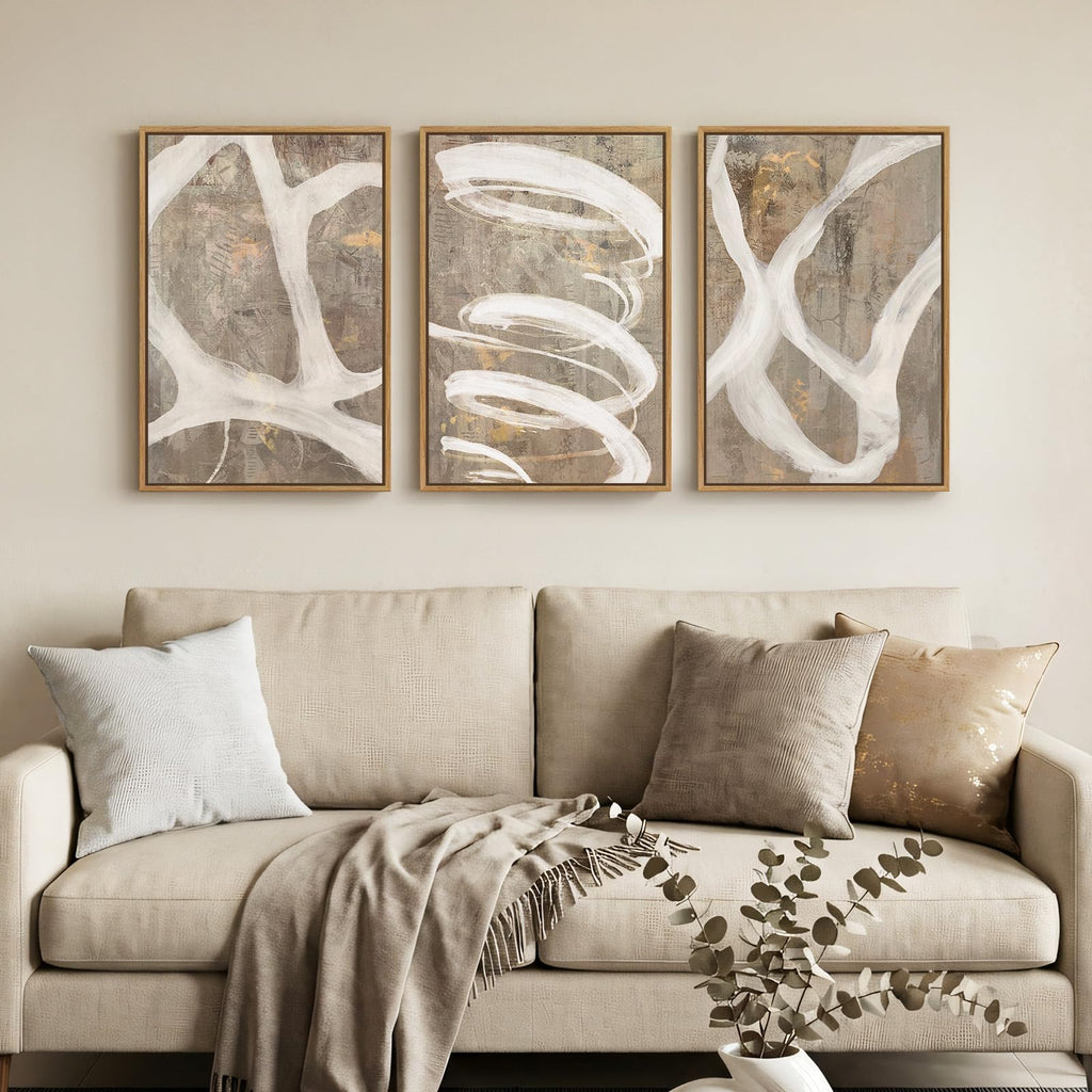 Framed Neutral Beige Abstract Wall Art, 3 Piece Set, 16x24 In