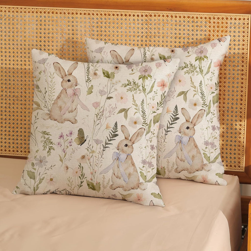 Spring Easter Pillow Covers 18x18 Inch Botanical Watercolor Floral Bunny Throw Pillows Flower Rabbit - Set of 2