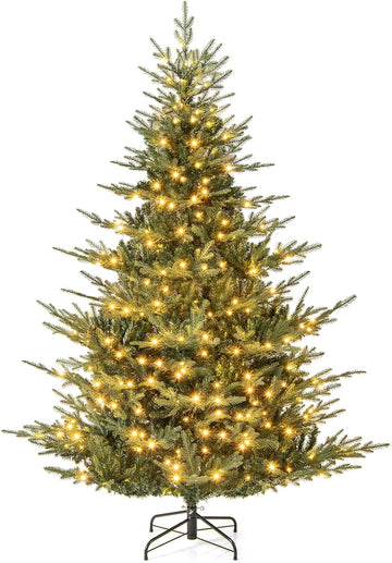 7 FT Pre-Lit Hinged Christmas Tree, Artificial Xmas Tree with 1102 Branch Tips, 350 Warm White LED Lights, 8 Lighting