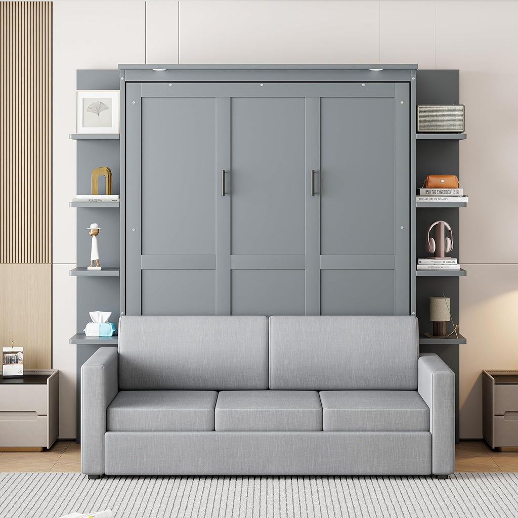 Murphy Bed, Queen Wooden Wall Bed with Sofa for Bedroom, Wood Slat Support, No Box Spring Needed, Easy Assembly, Grey