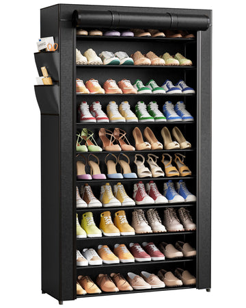10-Tier Shoe Rack with Cover, Tall Shoe Shelf, 33" Wide, Black