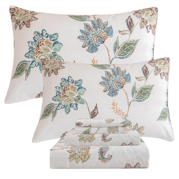 Floral Bed Sheets Queen Size - 100% Egyptian Cotton Sheets Elegant Botanical Leaves Flower Pattern Printed Bedding