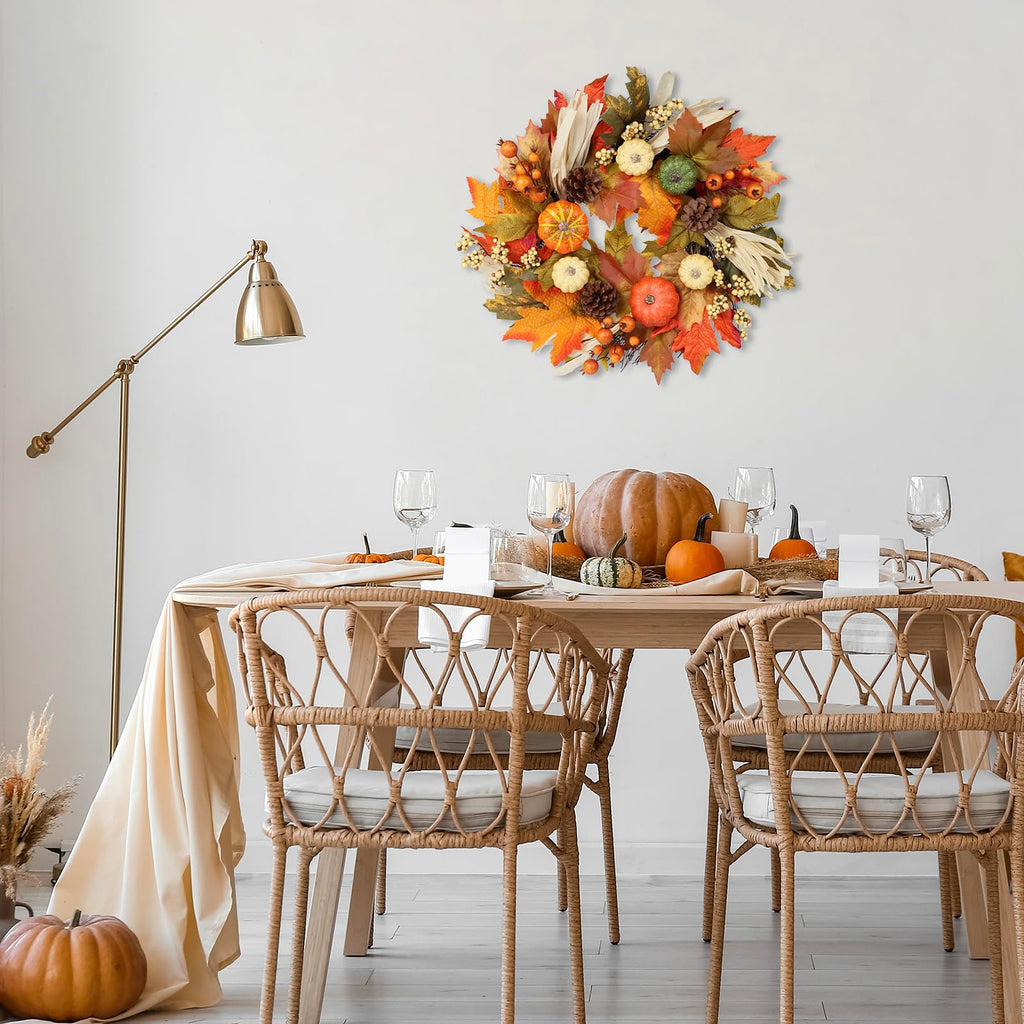 24 Inch Fall Wreaths for Front Door, Autumn Pumpkin Maple Wreath with Hanger