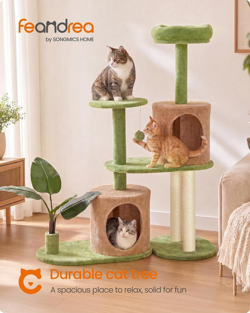 Cat Tree, 42.9-Inch Multi-Level Plush Cat Tower, Artificial Leaves