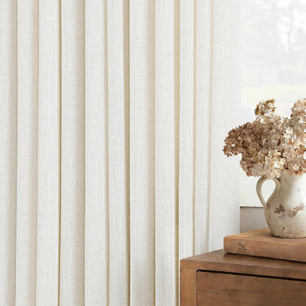 102 inch Long Pinch Pleat Linen Curtains 2 Panels Set for Living Room Sliding Door Natural Cream Light Filtering Semi