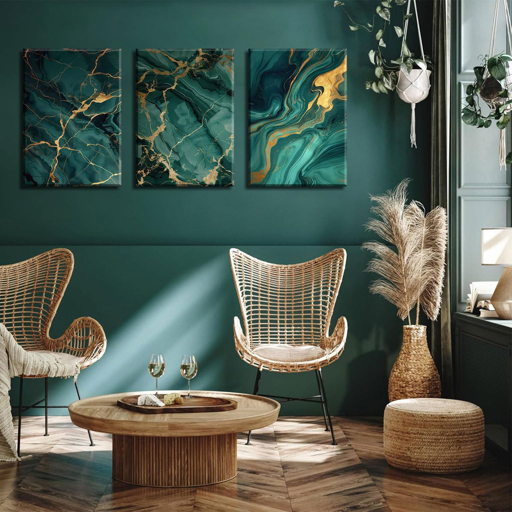 Emerald Green and Gold Canvas Wall Art Set of 3 Abstract Green Gold Marble Fluid Wall Decor Pictures Neutral Modern