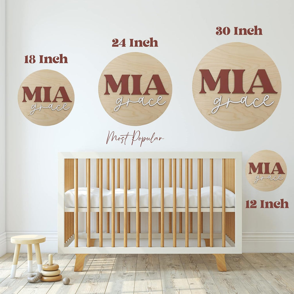 Round Nursery Name Sign, Personalized Wooden Wall Plaque, 12" 18" 24", 30" 3D Wall Art for Children & Kids Rooms