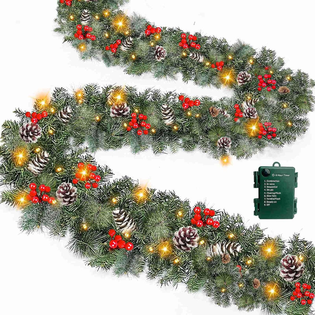 Timer 8 Modes - 9 Ft by 10 Inch Prelit Christmas Garland with 50 Warm Lights Thick 270 Snowy Bristle Pine 10 Pinecone