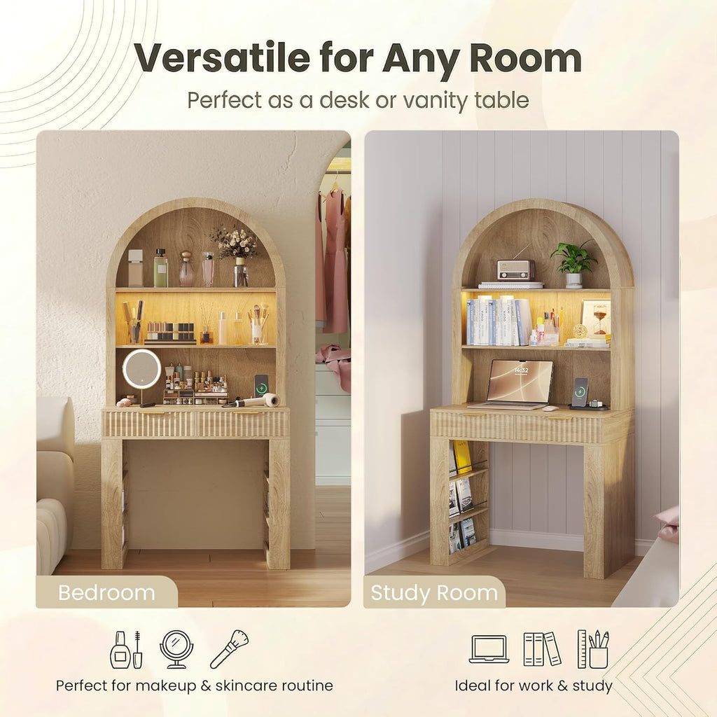 Arched Desk, Computer Desk with 2 Drawers & Hutch, Wood Writing Desk with Power Outlets, 3 Color LED Lights