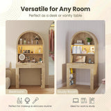 Arched Desk, Computer Desk with 2 Drawers & Hutch, Wood Writing Desk with Power Outlets, 3 Color LED Lights