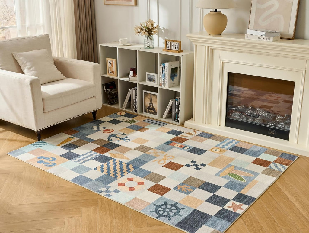 Patchwork Plaid Washable Rug Coastal Classroom (Checkerboard Blue, 5' x 7')