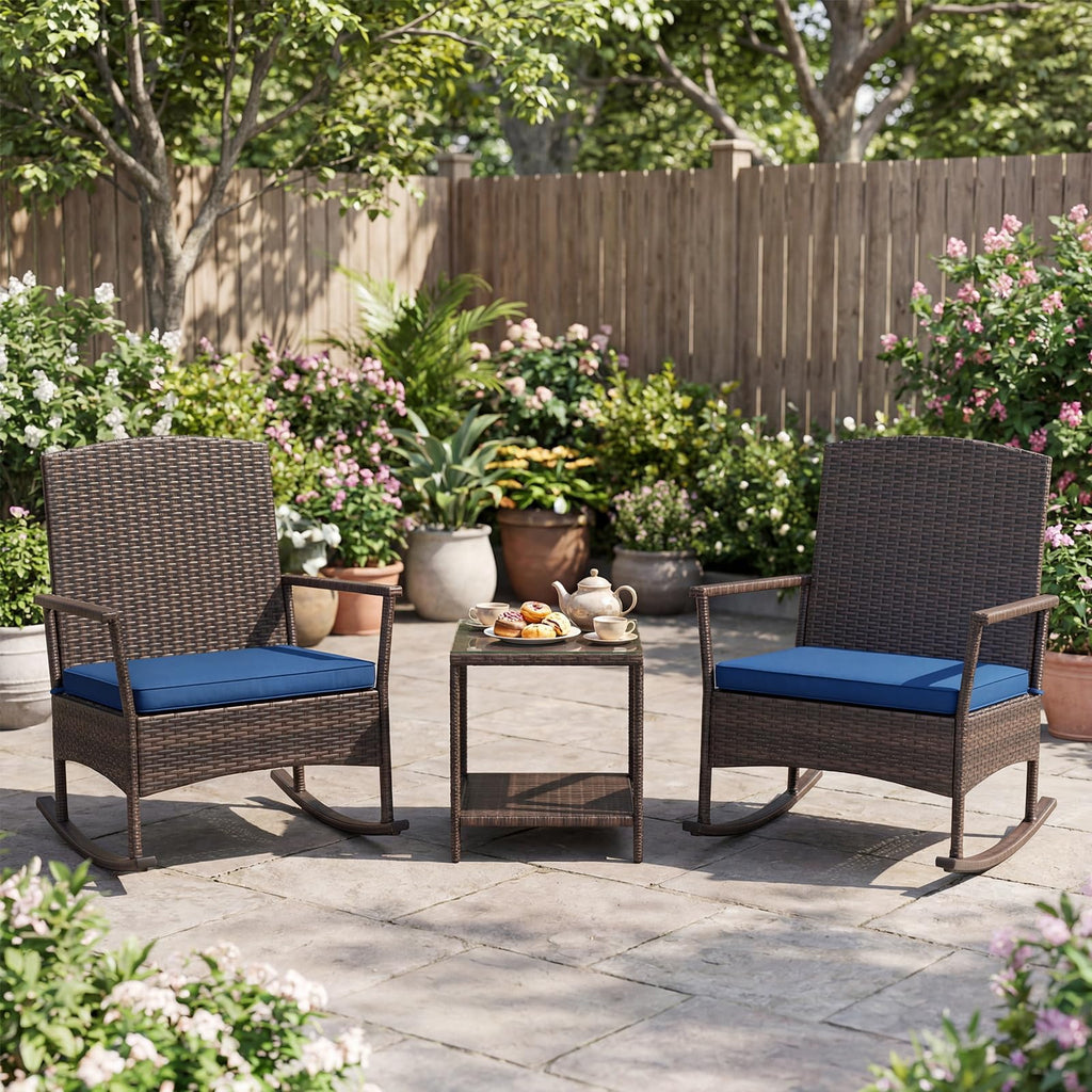 3-Piece Outdoor Bistro Set Wicker Rocking Chairs (Navy)