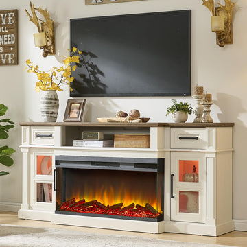 3-Side Fireplace TV Stand for up to 80 Inch TV, LED Entertainment Center with 36 Inch Electric Fireplace, Farmhouse