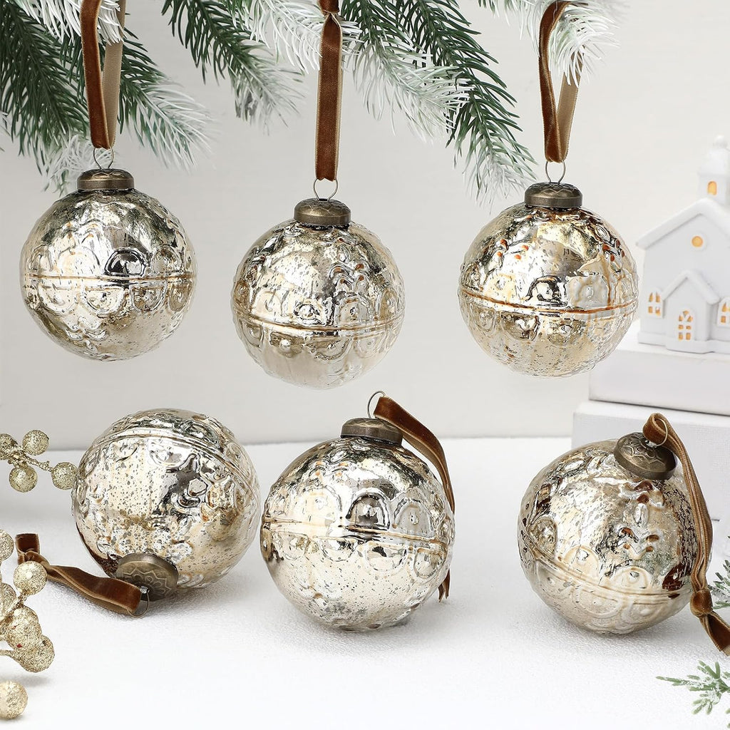 6 Pcs Champagne Gold Mercury Glass Christmas Ornaments, Etched
