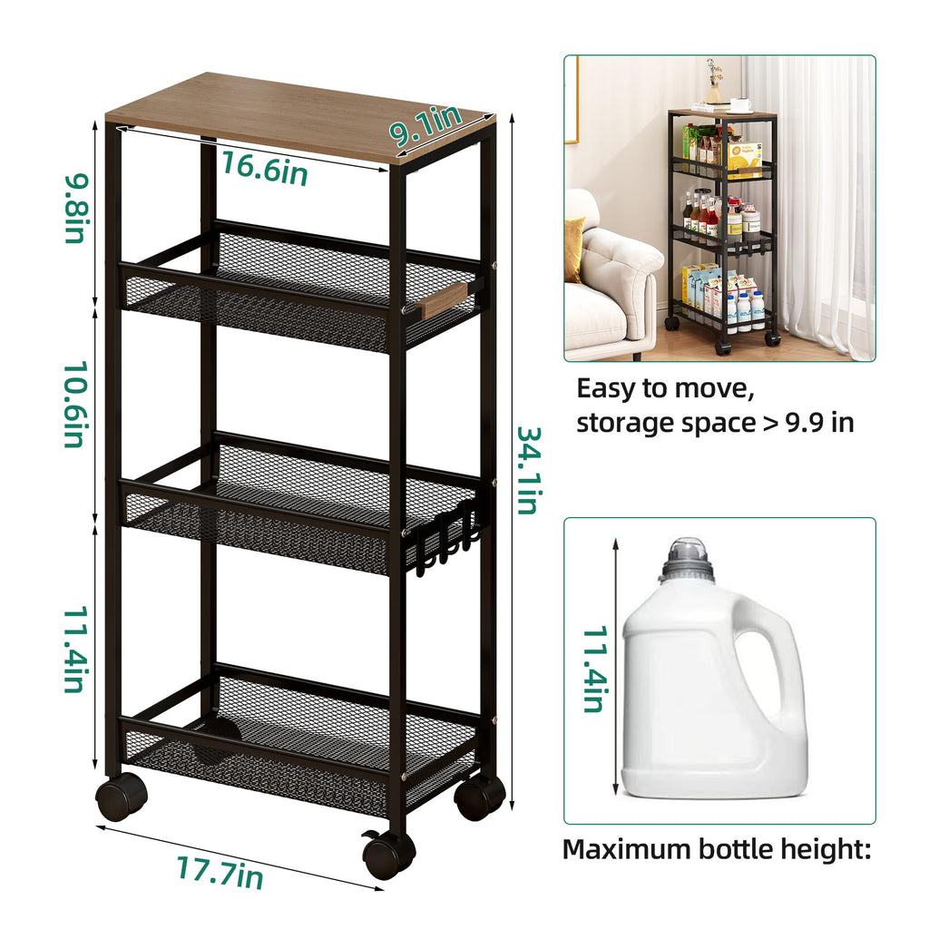 4-Tier Slim Utility Rolling Laundry Cart with Wheels, Easy to Assemble