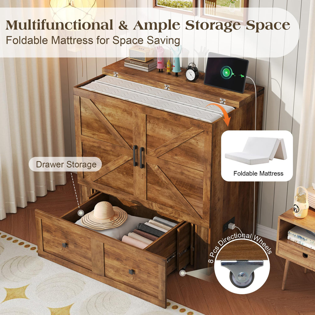 Twin Barnwood Murphy Bed with 6" Tri-Fold Memory Foam Mattress