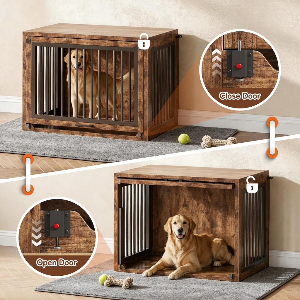 Dog Crate Furniture - 42'' Wooden Dog Kennel for Large Dogs up to 80 lb, Large Dog Crate with Hidden Sliding Door