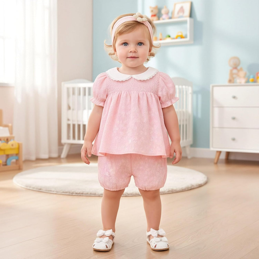 Baby Girl Summer Outfits Smocked Tops Shorts Set With Headband