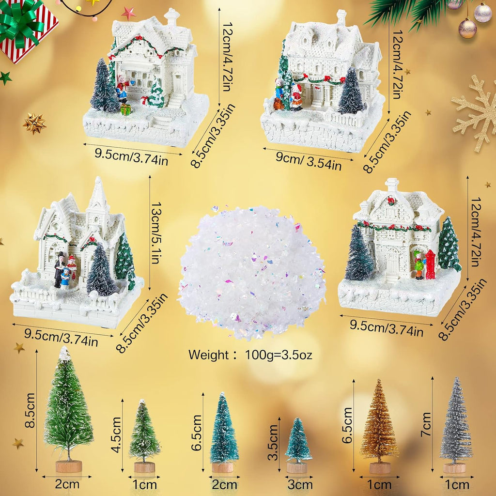 15 Pcs Christmas Village Set, 4 LED Houses 10 Trees Snow,Elegant