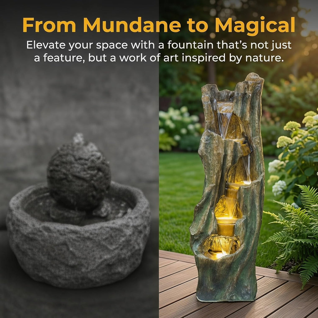 Outdoor Waterfall Fountain 39.4in Tall, Tree Design Garden Fountain with LED Lights