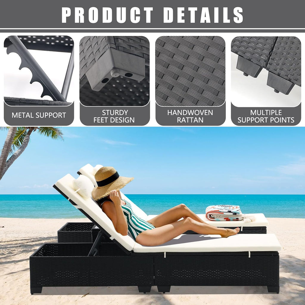 3-Piece Outdoor Lounge Chairs Set, Chaise Lounge Patio Chairs with Coffee Table, Adjustable Wicker Chairs