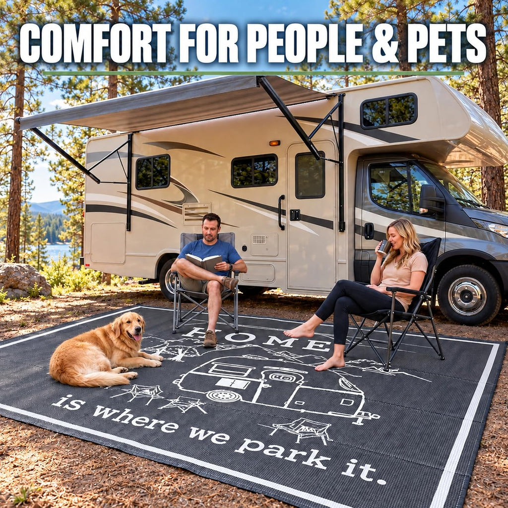 9x12 FT RV Outdoor Rug - Home is Where We Park It Reversible Camper Mat - Waterproof Plastic Straw Camping Rug with
