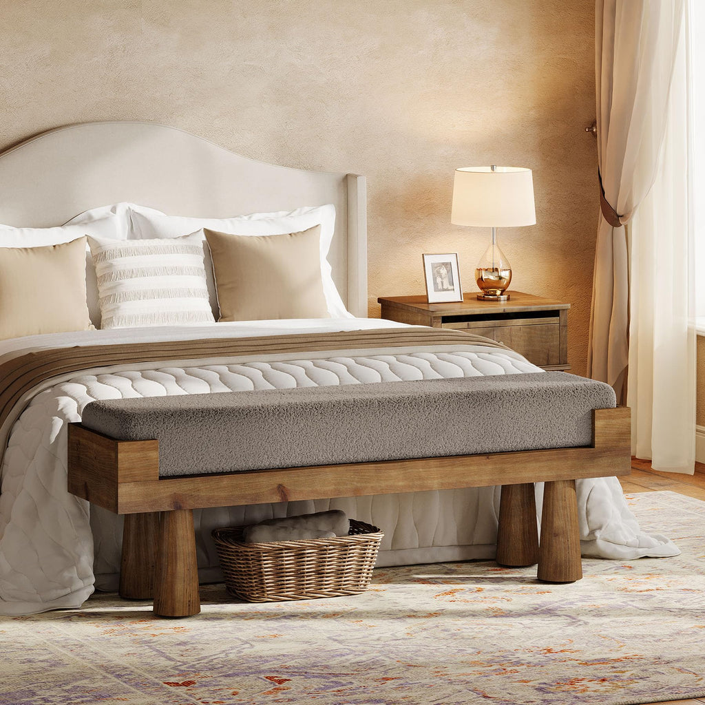 Upholstered Entryway Bench, Shoe Bench with Solid Wood Legs | Bedroom Bench with Cushion, Padded Seat End of Bed