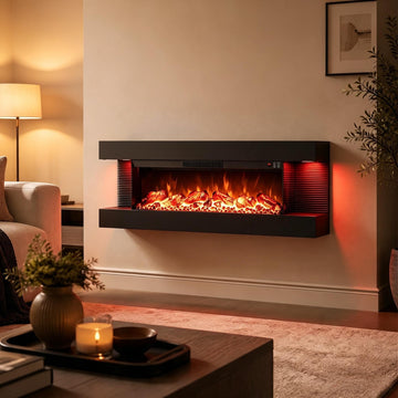 3 Sided Wall Mount Electric Fireplace w/ 50" Floating Mantel, Black
