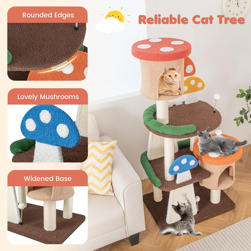 Mushroom Cat Tree, Multi-Level Cute Cat Tower with Full-Wrapped Sisal Posts, Scratching Boards & Interactive Balls, 2