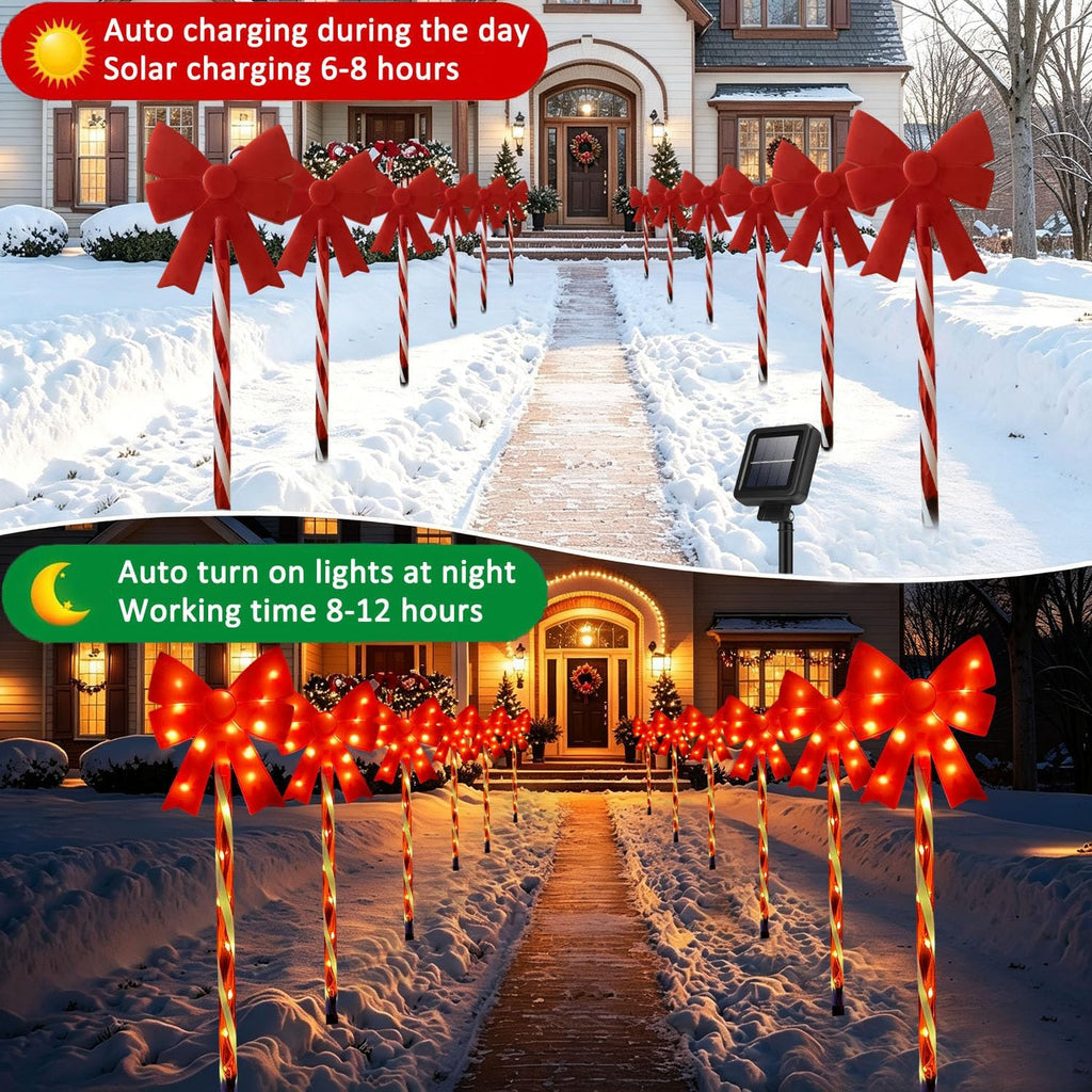 Outdoor Christmas Decorations Solar Pathway Lights, Set of 5 Red Bow Candy Stake Lights, Waterproof Solar Christmas