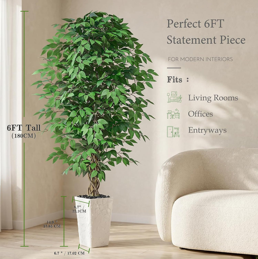 6FT Artificial Ficus Tree, Large Fake Ficus Tree White Planter