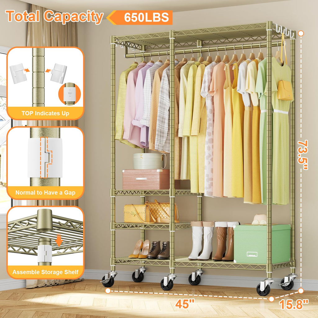 F4R Heavy Duty Clothes Rack(With Lockable Wheels )Rolling Clothing Racks for Hanging Clothes, Adjustable Closet