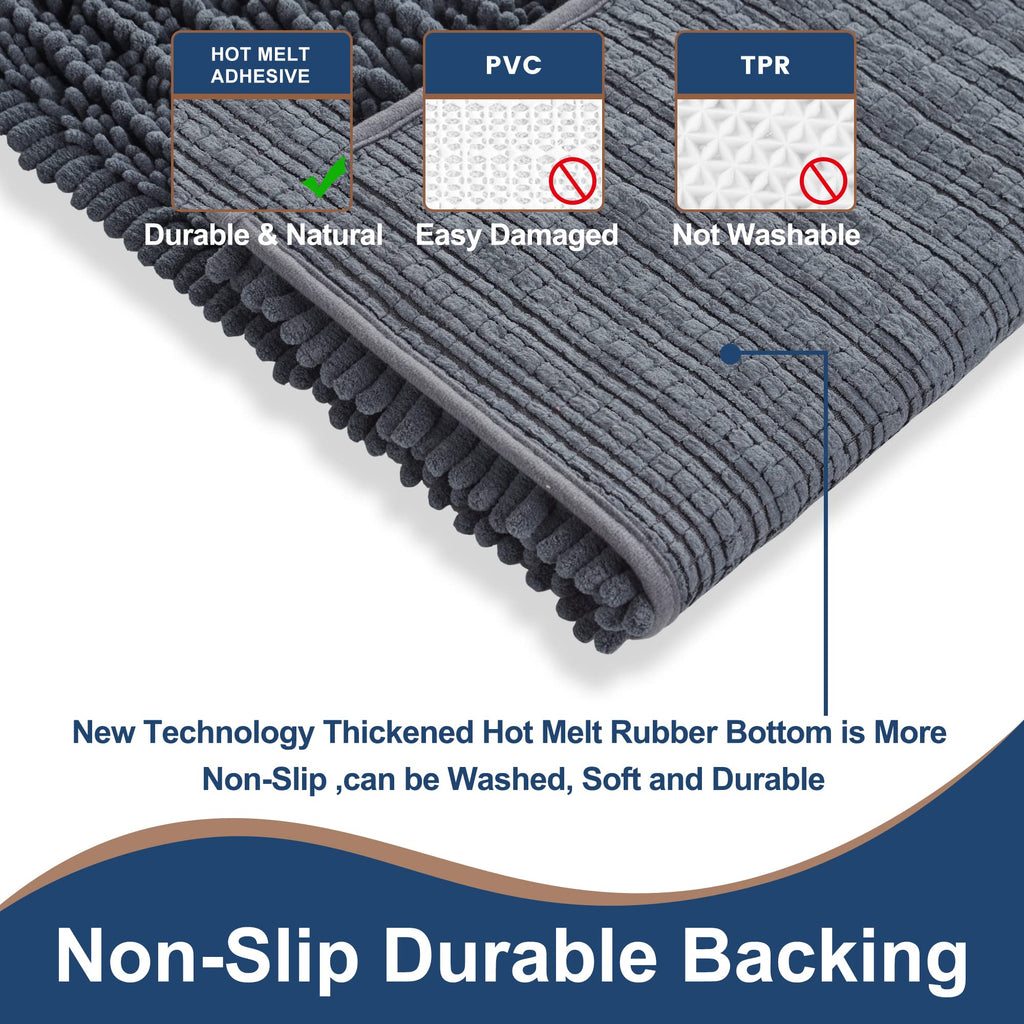 Luxury Chenille Charcoal Grey Bathroom Rugs Sets 2 Piece, Thickened Hot Melt Rubber Bottom Bath Mats Non Slip, Bath