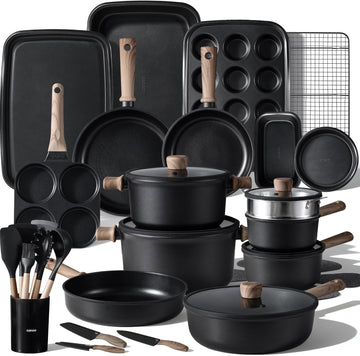 44pcs Pots and Pans, Nonstick Cookware Set with Bakeware | Induction Kitchen Cooking Set, Durable, Easy Food Release