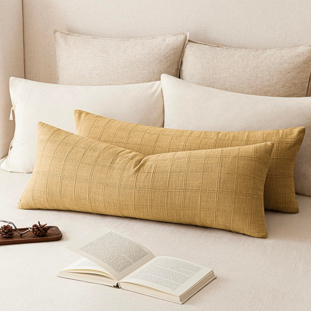 Set of 1 Decorative Linen Check Throw Pillow Cover Neutral Long Body Lumbar Cushion Cover Farmhouse Vintage Boho Home