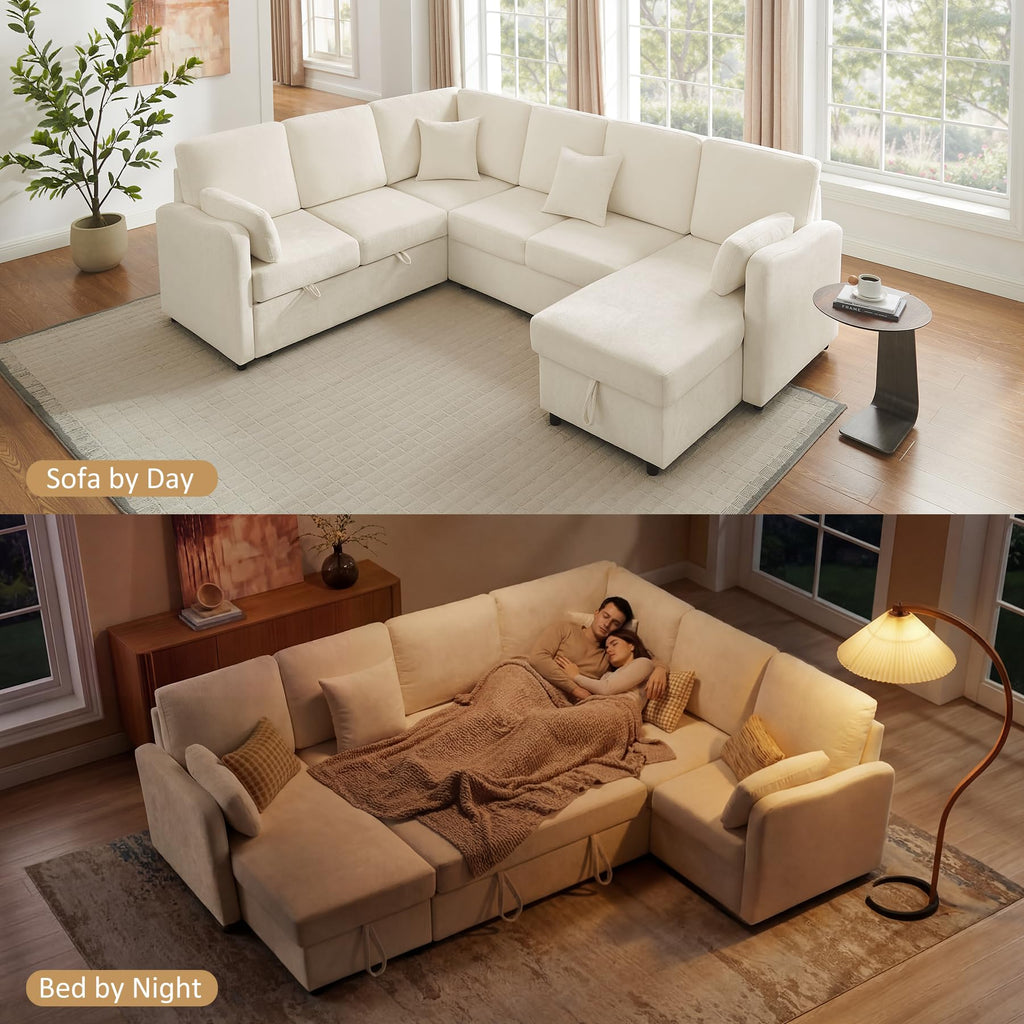 7 Seater 112'' Sectional Sleeper Sofa with Storage, Chenille Beige